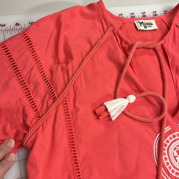 SHOW ME YOUR MUMU Claudine Embroidered Coral Poet SLV V-Neck Tie Tunic Dress S - Picture 7 of 16